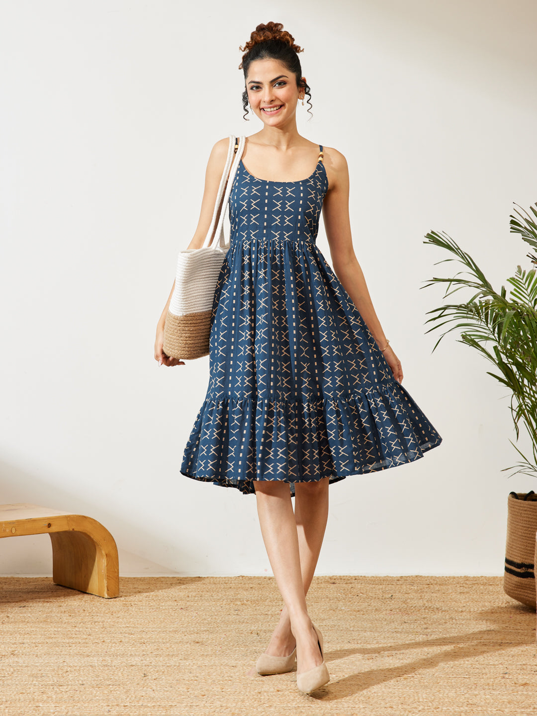 Navy Blue Geometric A-Line Dress