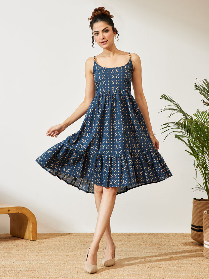 Navy Blue Geometric A-Line Dress