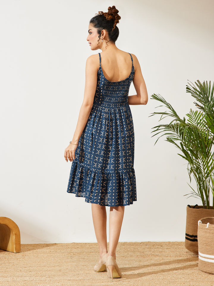Navy Blue Geometric A-Line Dress