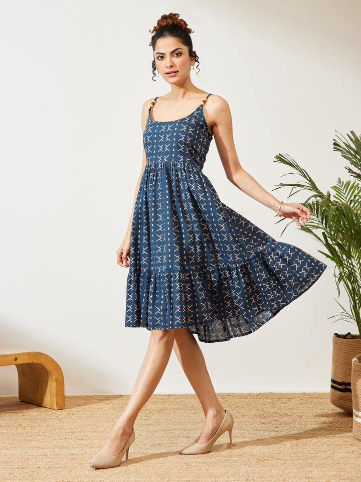 Navy Blue Geometric A-Line Dress