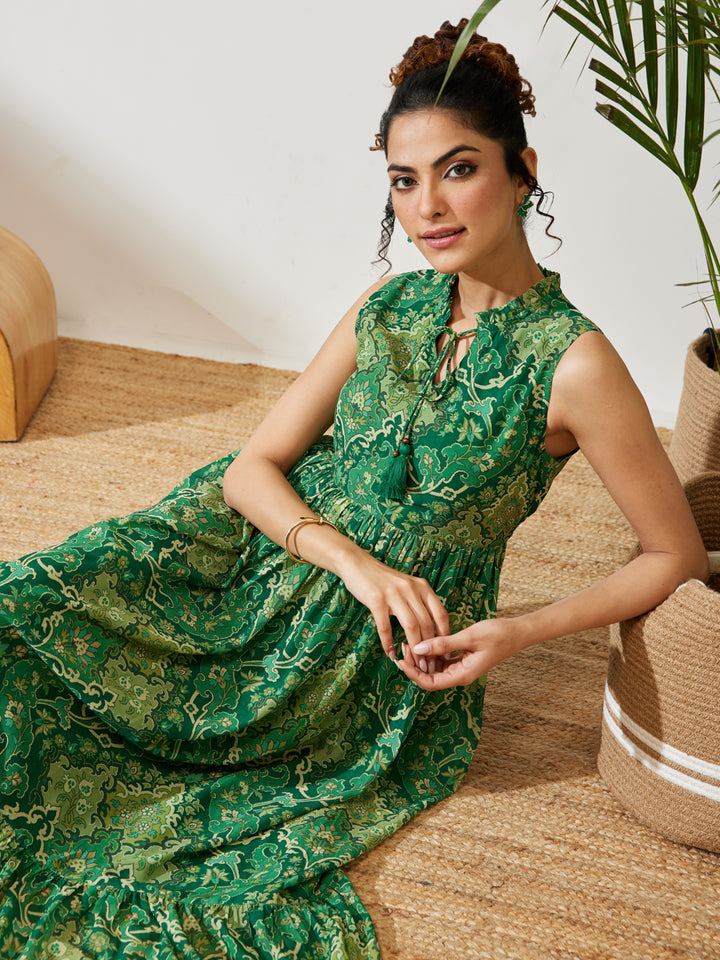 Green Floral Fit &amp; Flare Dress