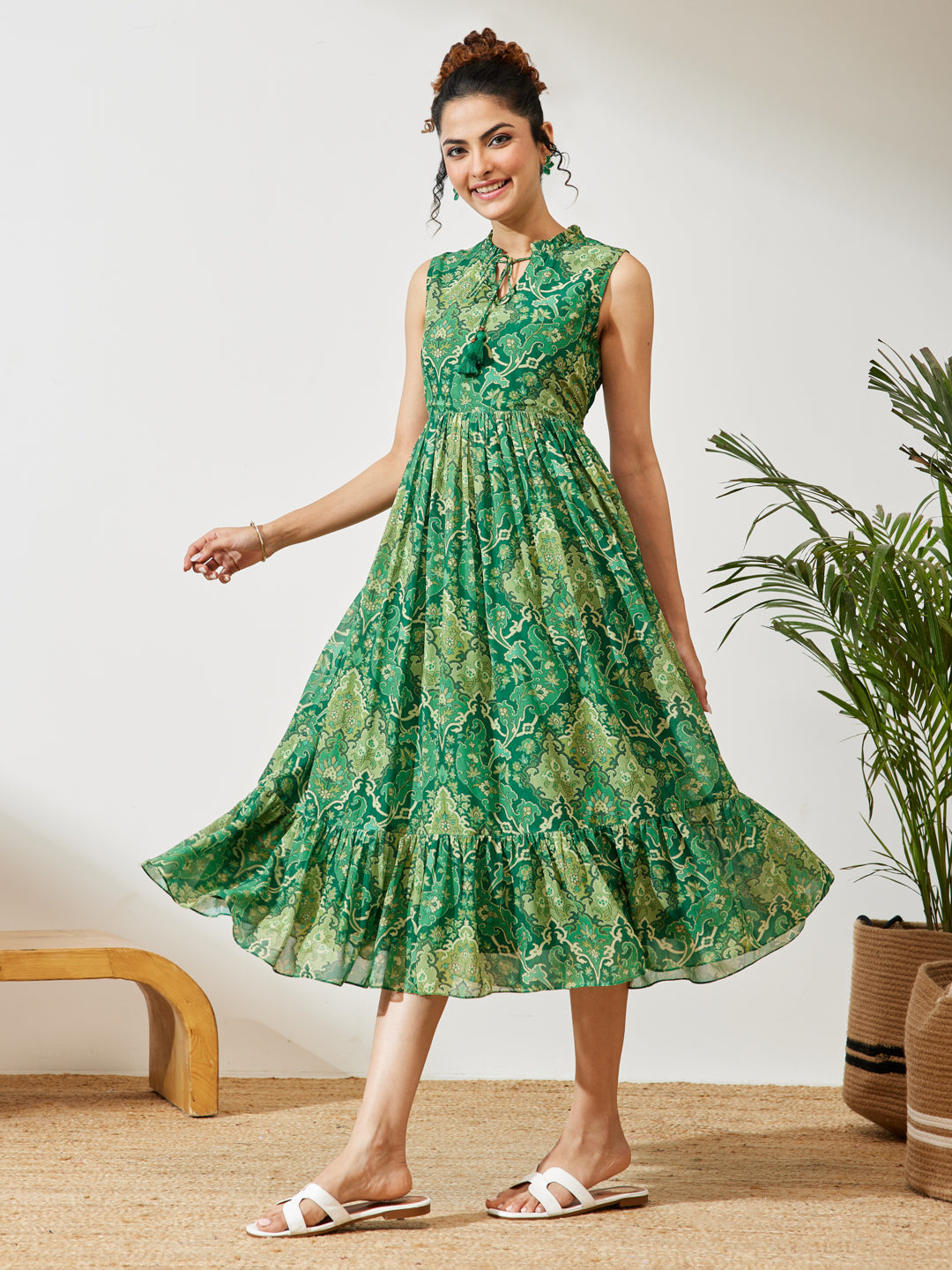 Green Floral Fit &amp; Flare Dress