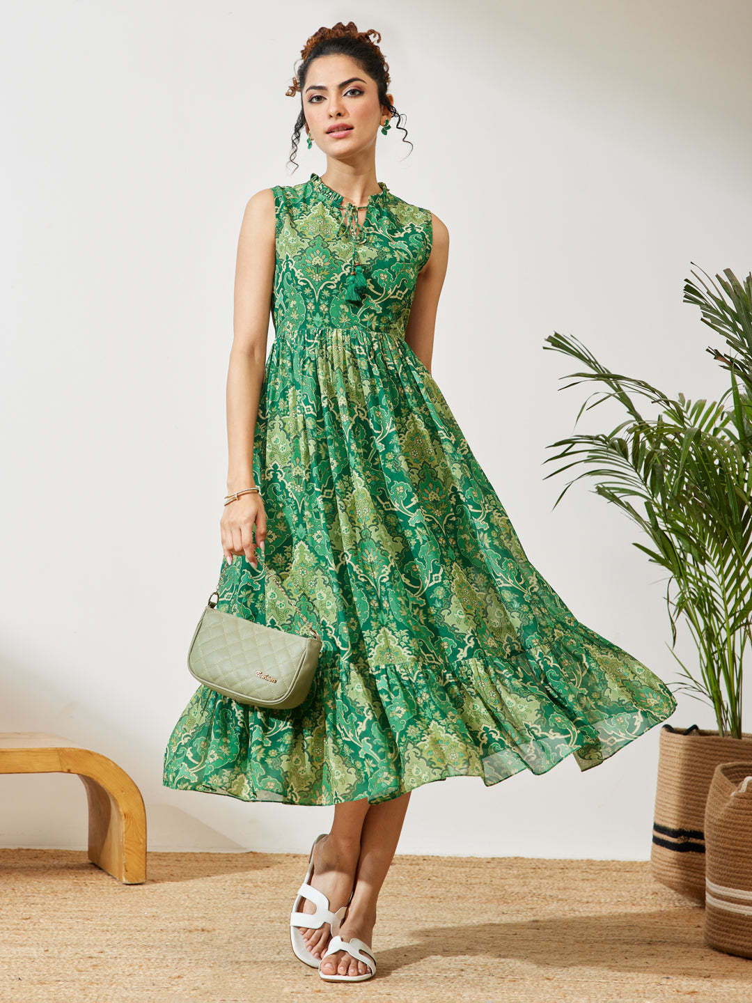 Green Floral Fit &amp; Flare Dress