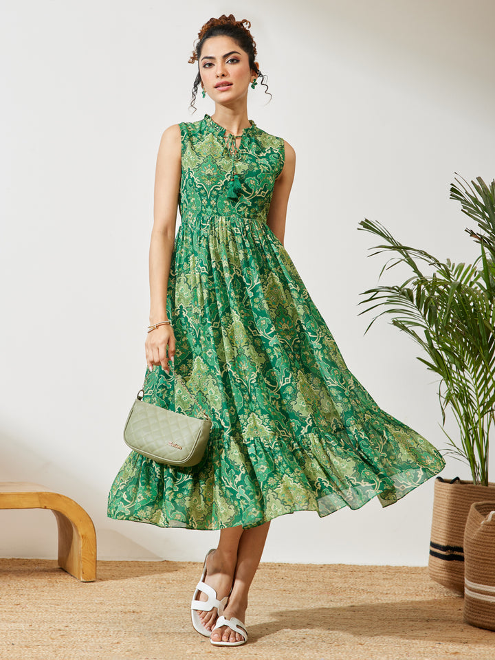 Green Floral Fit &amp; Flare Dress
