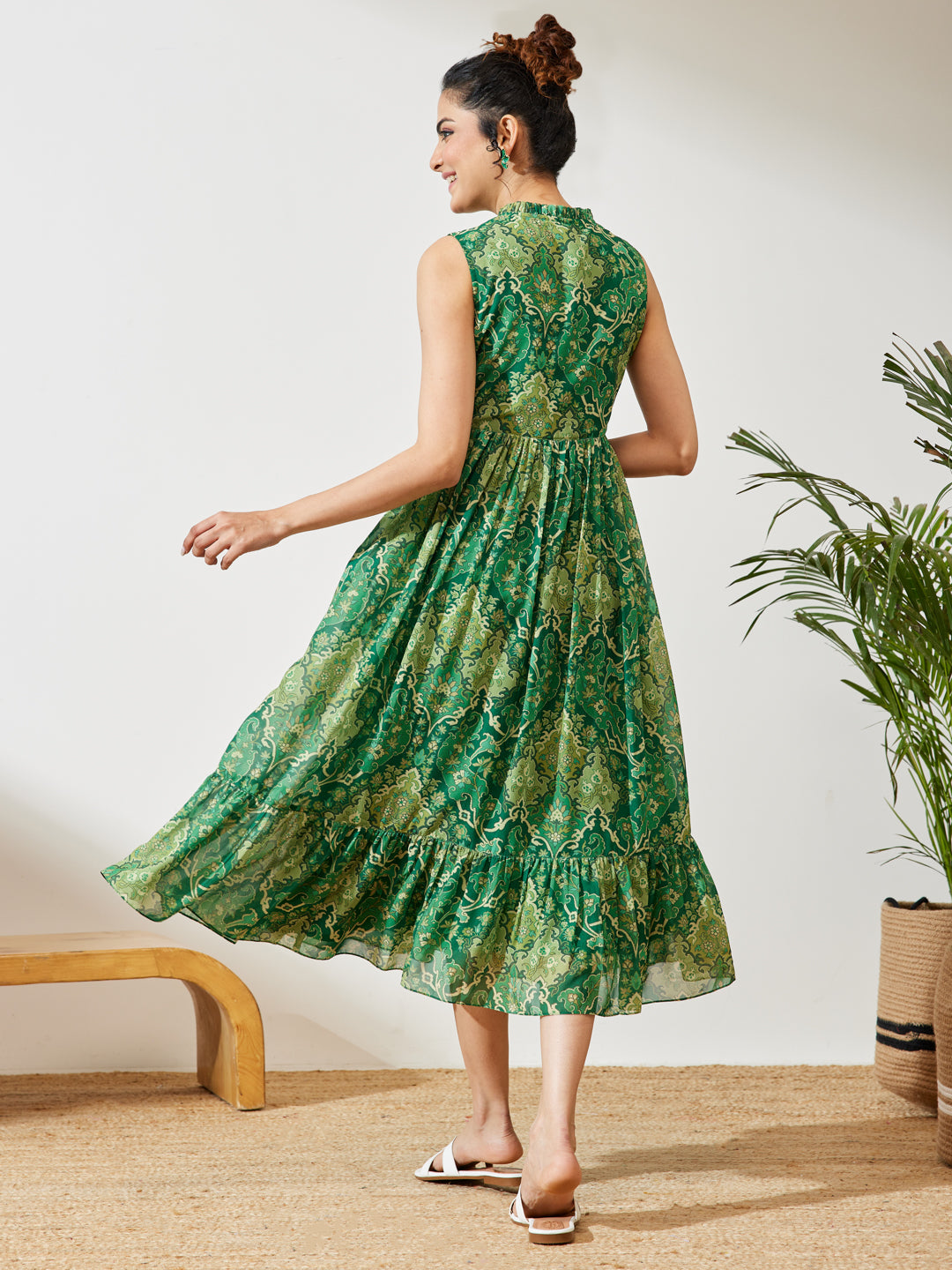 Green Floral Fit &amp; Flare Dress