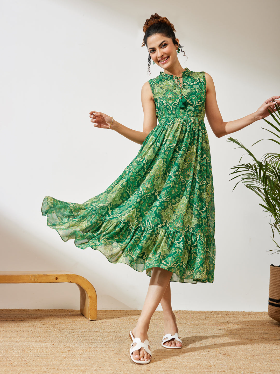 Green Floral Fit &amp; Flare Dress