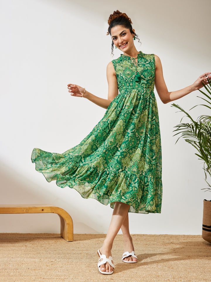 Green Floral Fit &amp; Flare Dress
