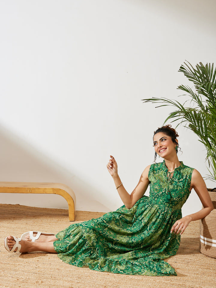 Green Floral Fit &amp; Flare Dress