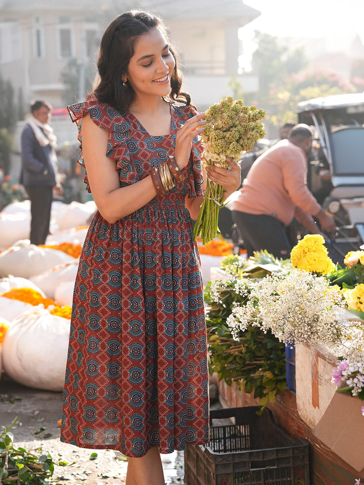 Rust Ethnic Motifs Fit &amp; Flare Dress