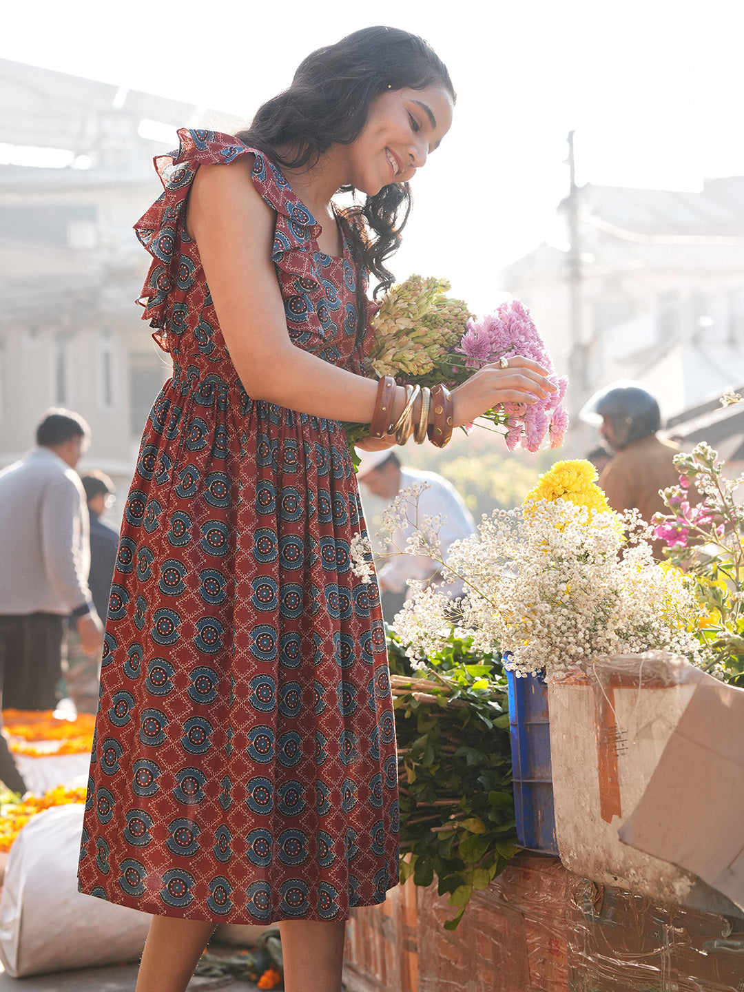 Rust Ethnic Motifs Fit &amp; Flare Dress