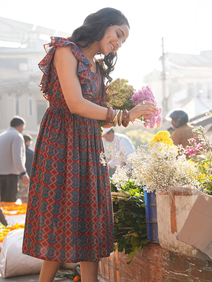 Rust Ethnic Motifs Fit &amp; Flare Dress