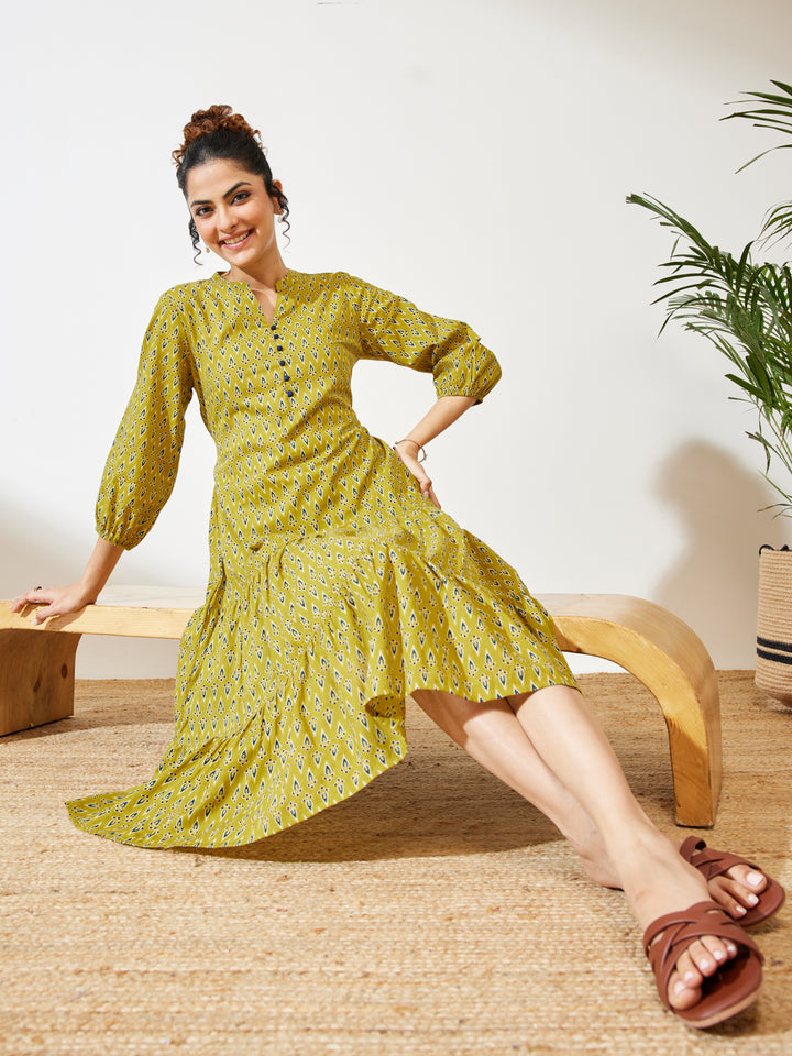 Mustard Ethnic Motifs Fit &amp; Flare Dress