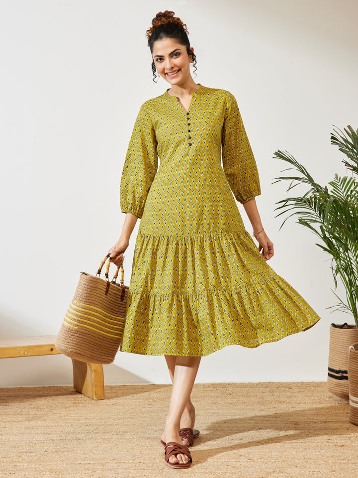 Mustard Ethnic Motifs Fit &amp; Flare Dress