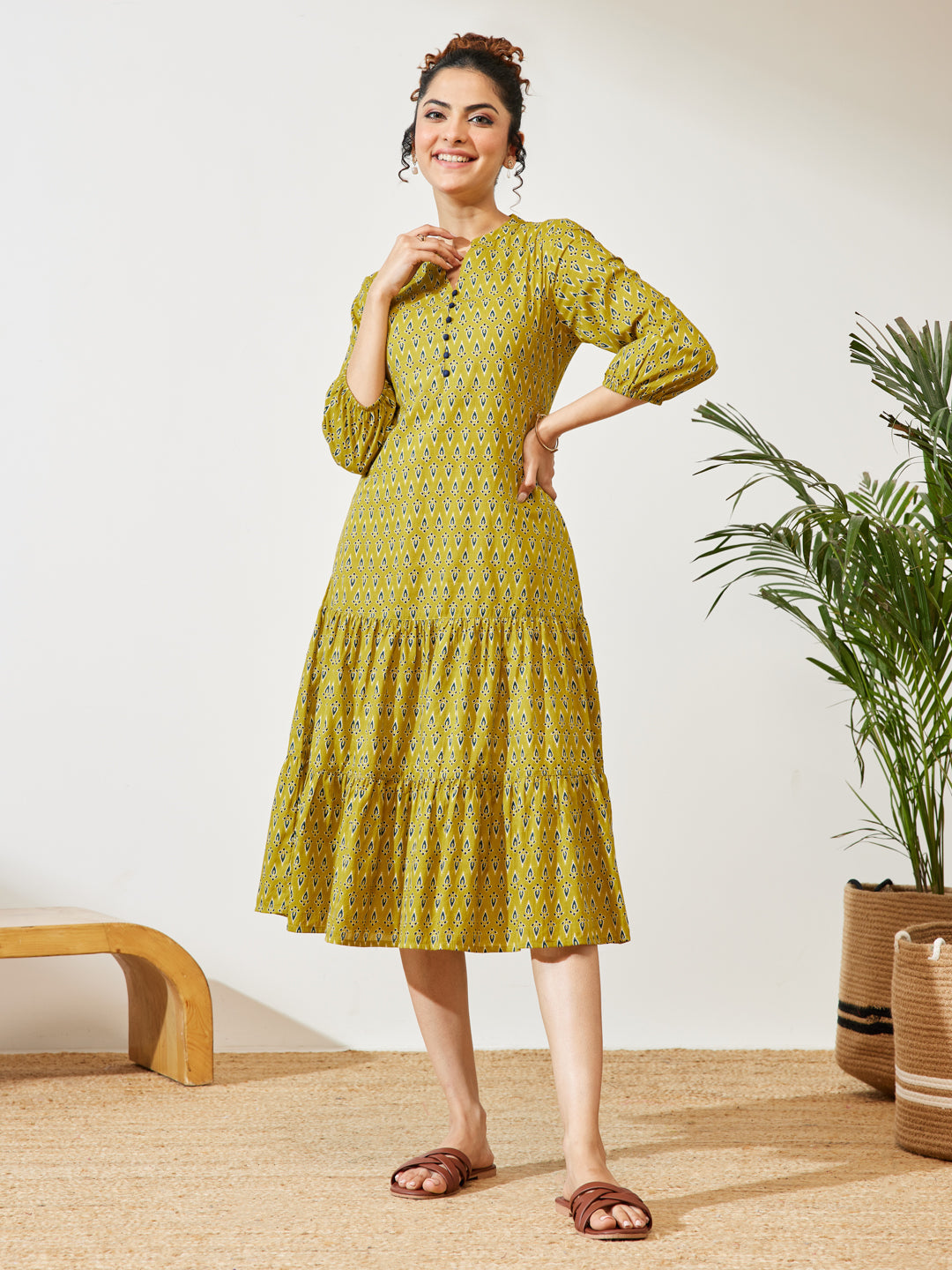 Mustard Ethnic Motifs Fit &amp; Flare Dress