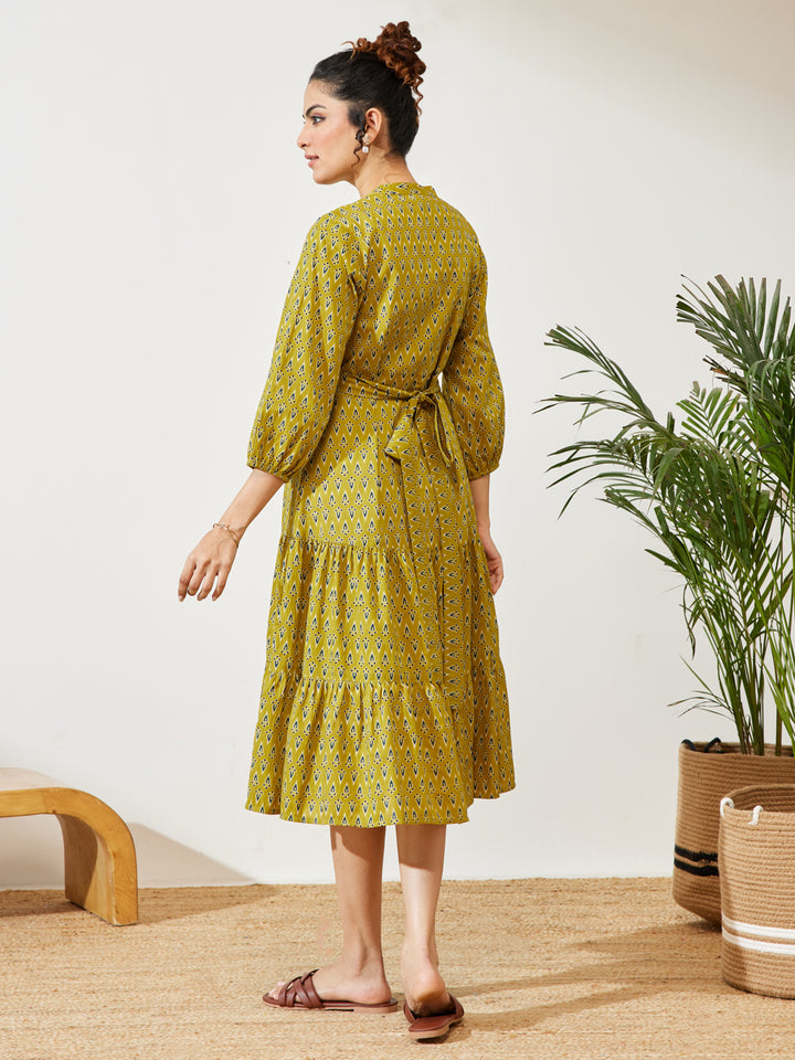 Mustard Ethnic Motifs Fit &amp; Flare Dress