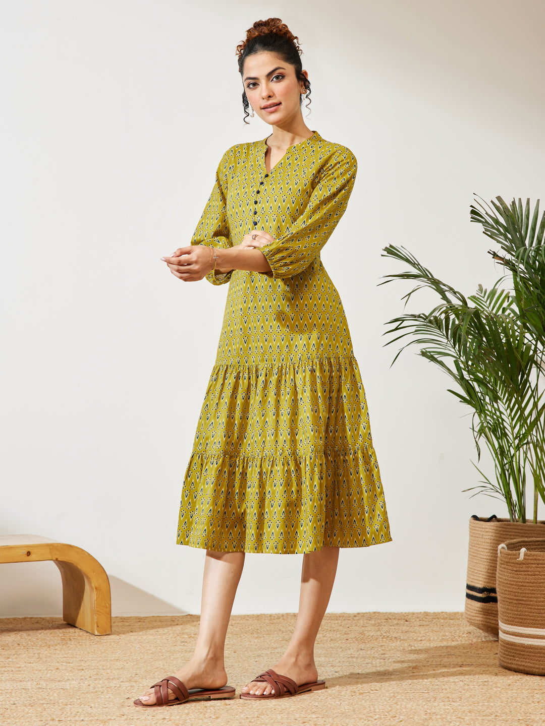 Mustard Ethnic Motifs Fit &amp; Flare Dress
