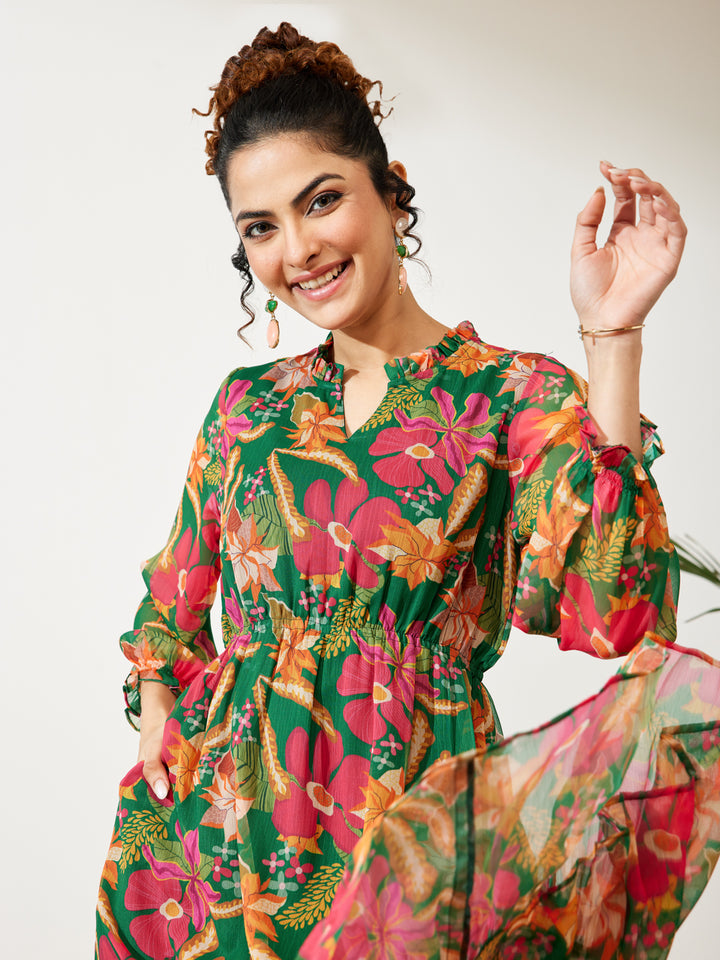 Green Floral Fit & Flare Dress