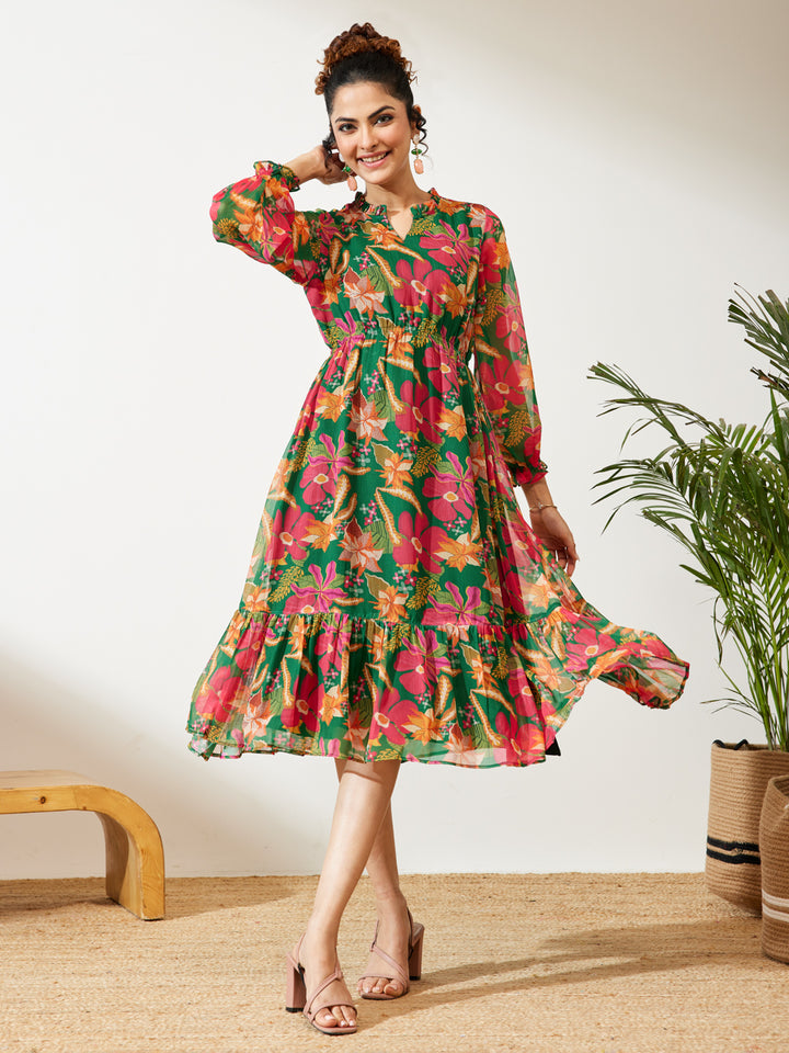 Green Floral Fit & Flare Dress