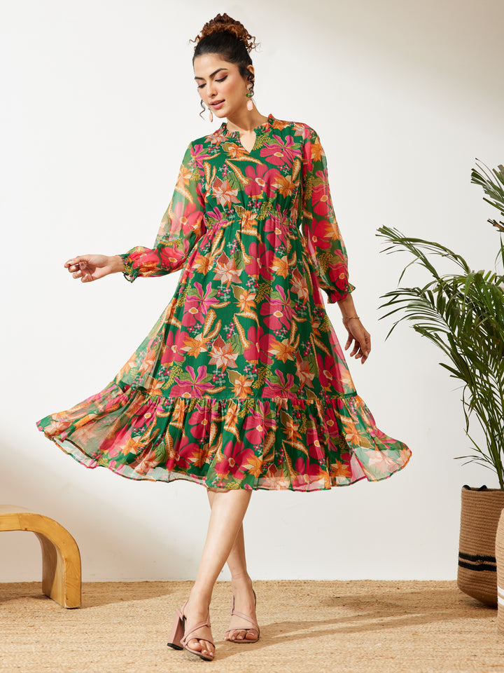 Green Floral Fit & Flare Dress
