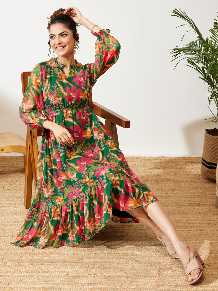 Green Floral Fit & Flare Dress