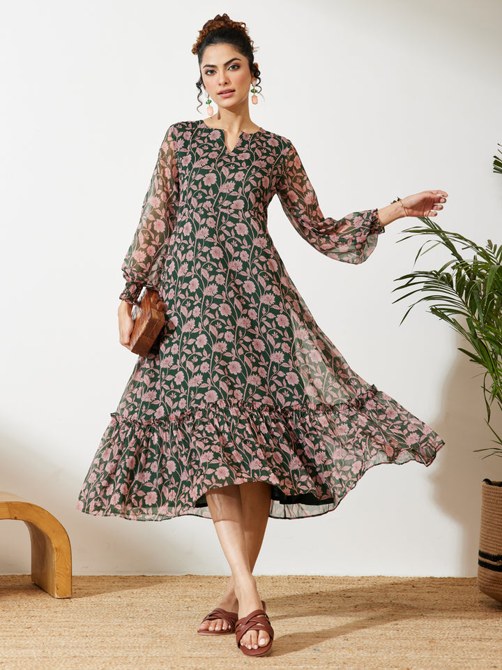 Green Floral A-Line Dress