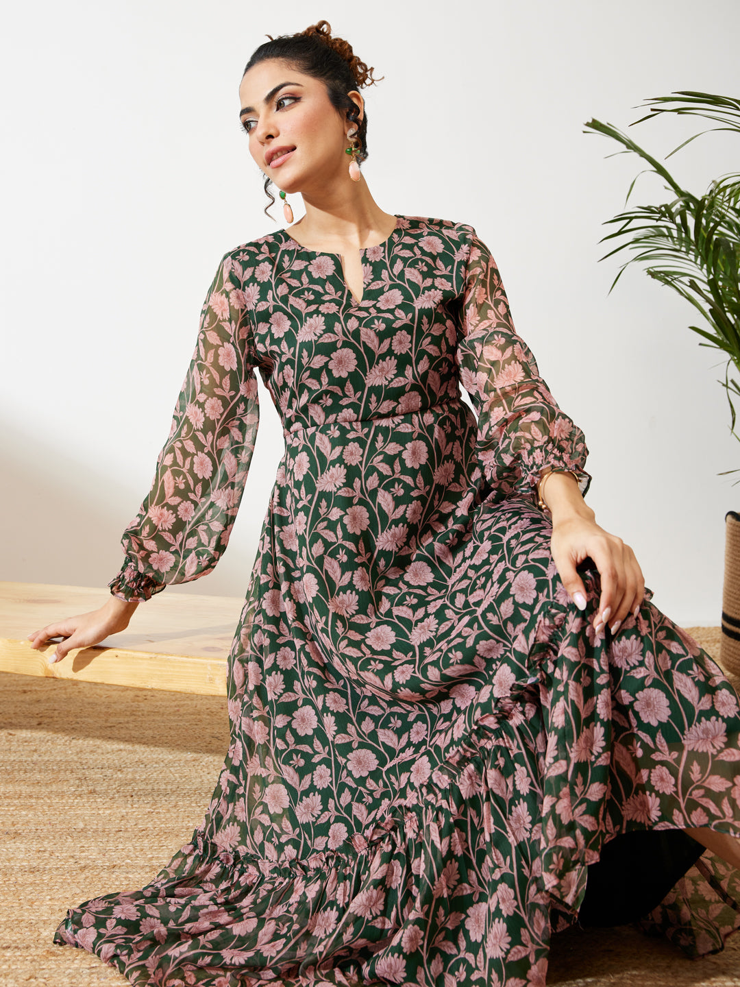 Green Floral A-Line Dress