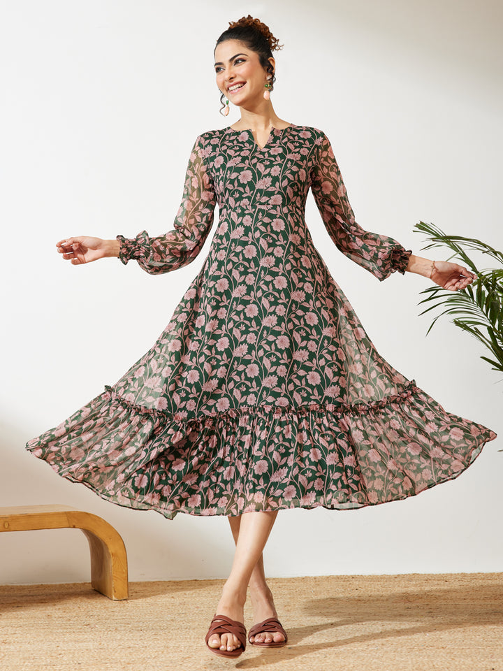 Green Floral A-Line Dress