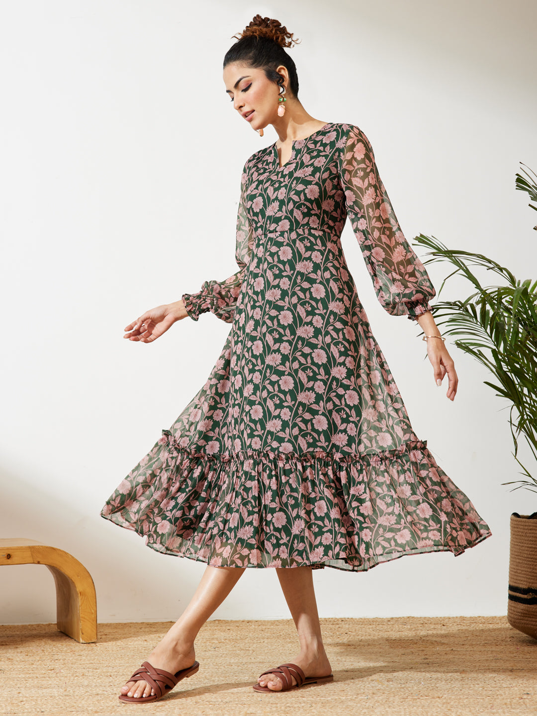 Green Floral A-Line Dress
