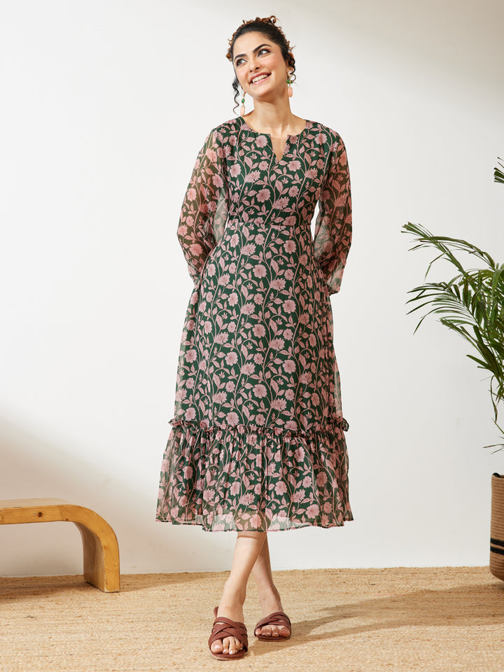 Green Floral A-Line Dress