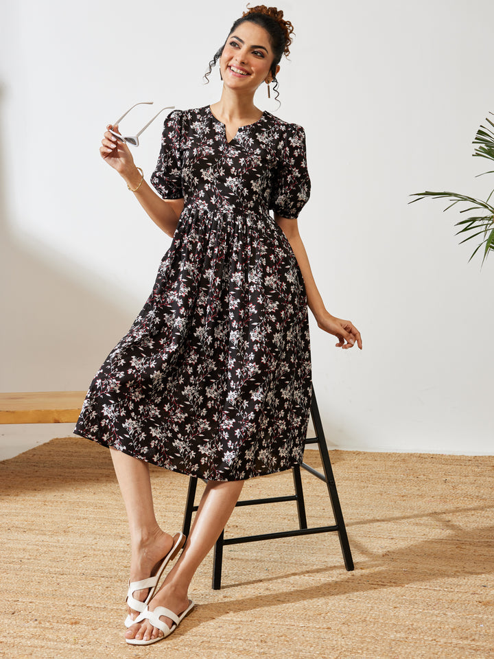 Black Floral Gathered Dress