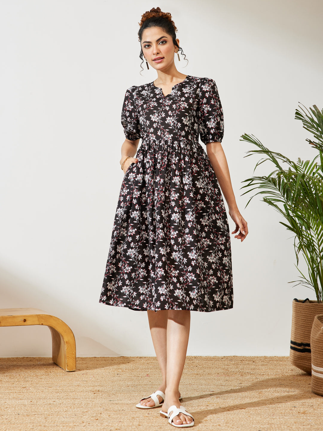 Black Floral Gathered Dress
