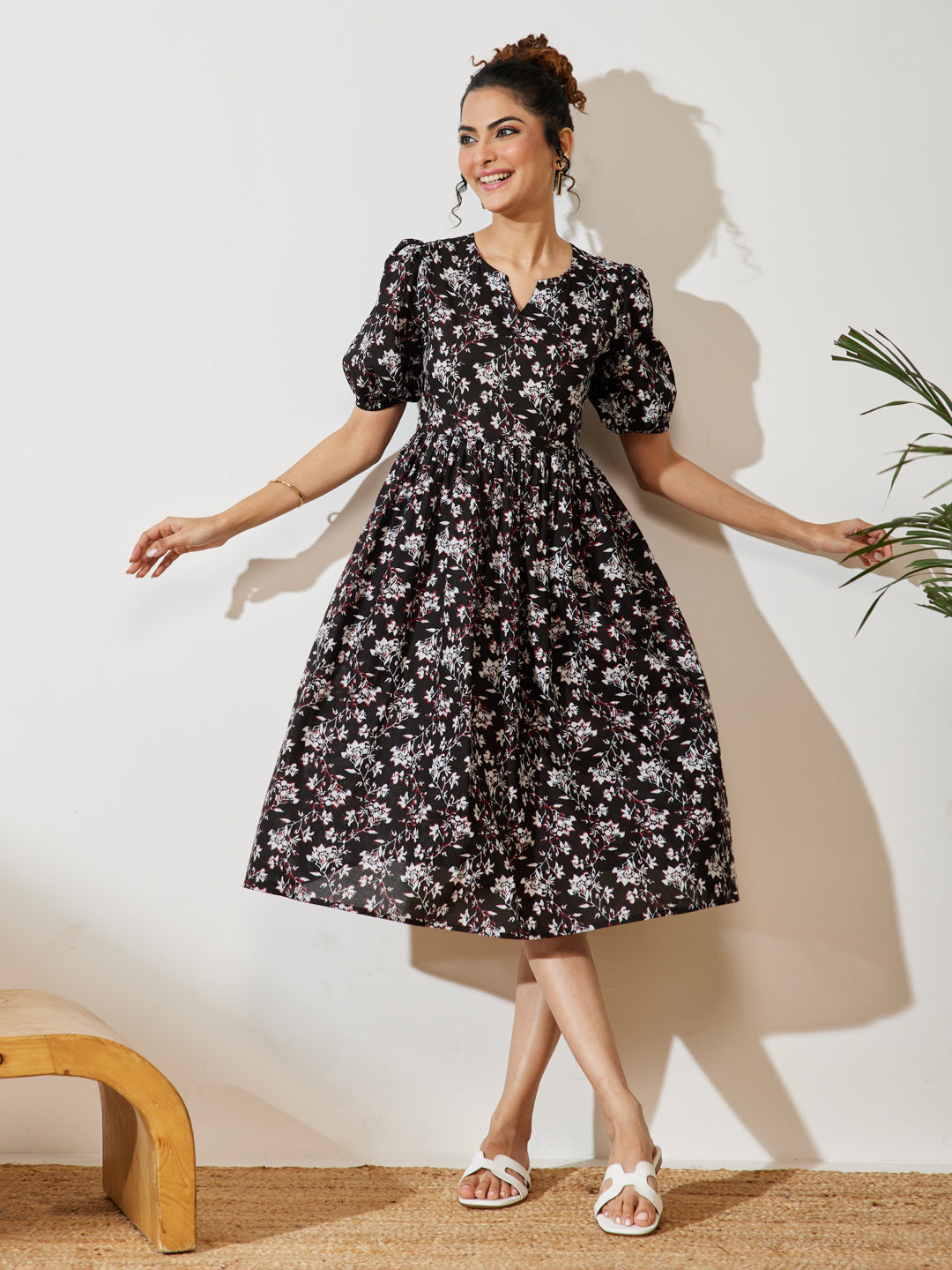 Black Floral Gathered Dress