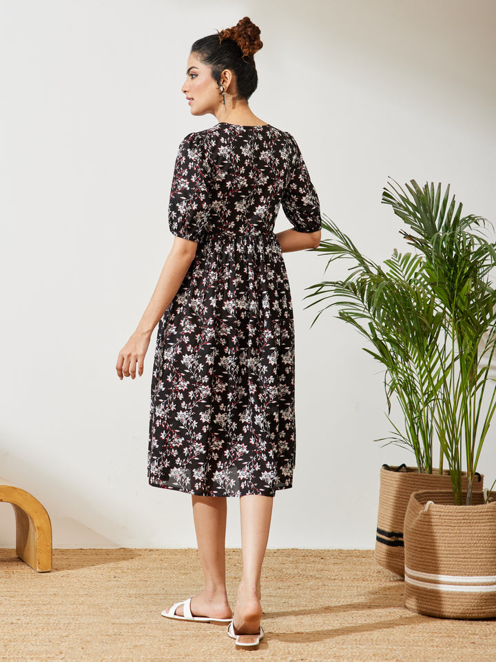 Black Floral Gathered Dress
