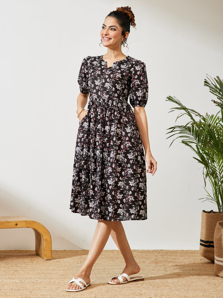 Black Floral Gathered Dress