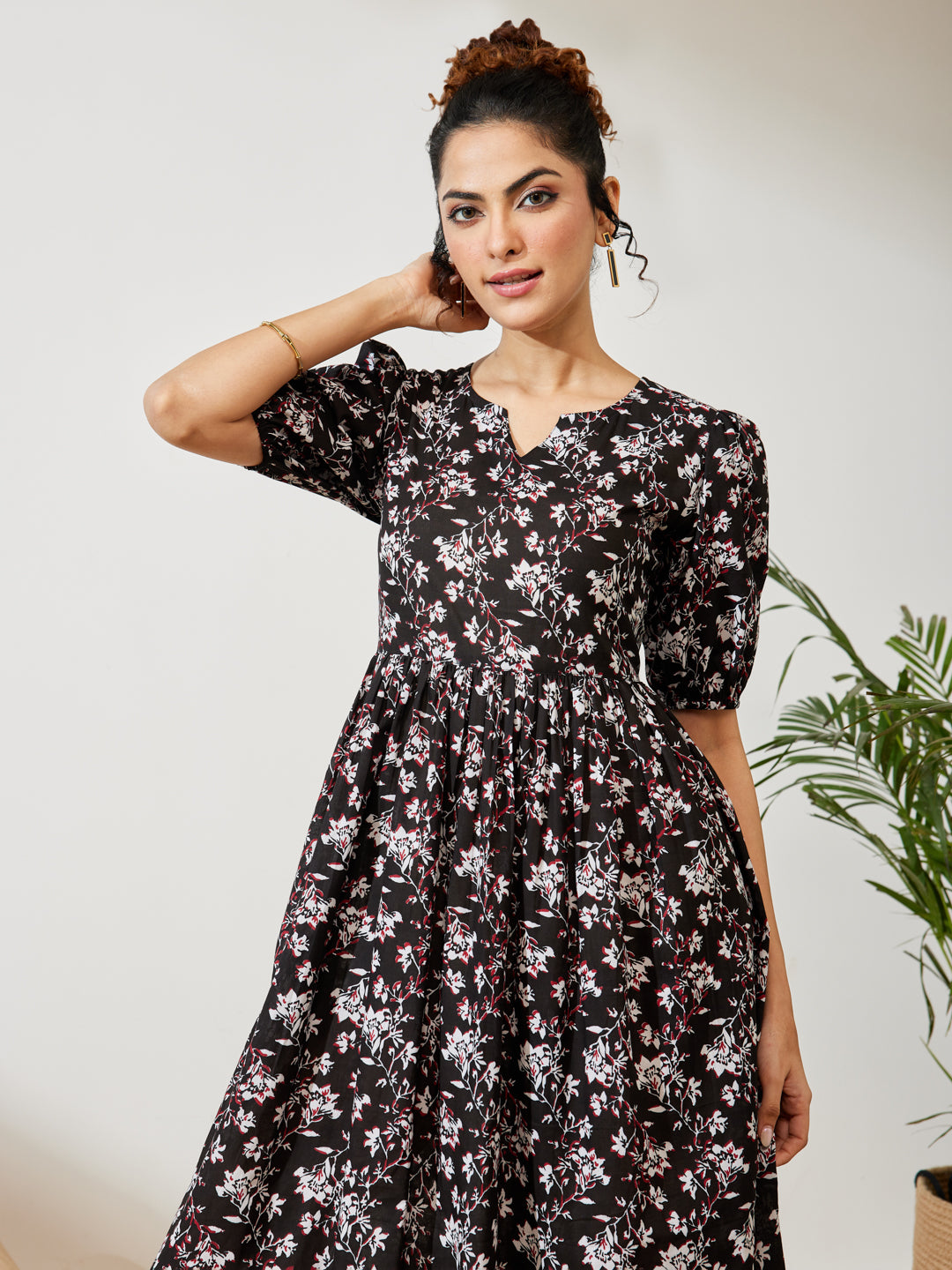 Black Floral Gathered Dress