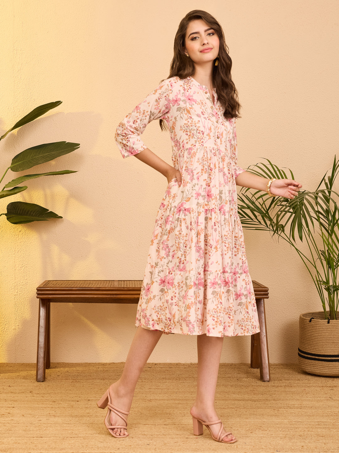 Baby Pink Floral Tiered Dress