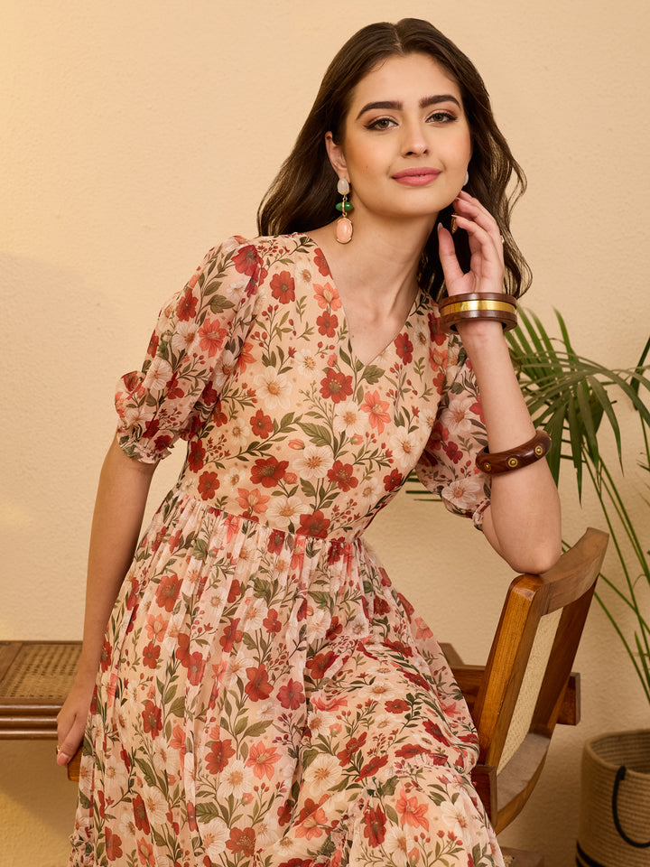 Beige Floral Gathered Dress