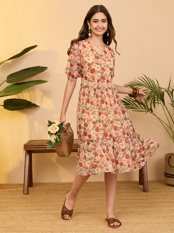 Beige Floral Gathered Dress