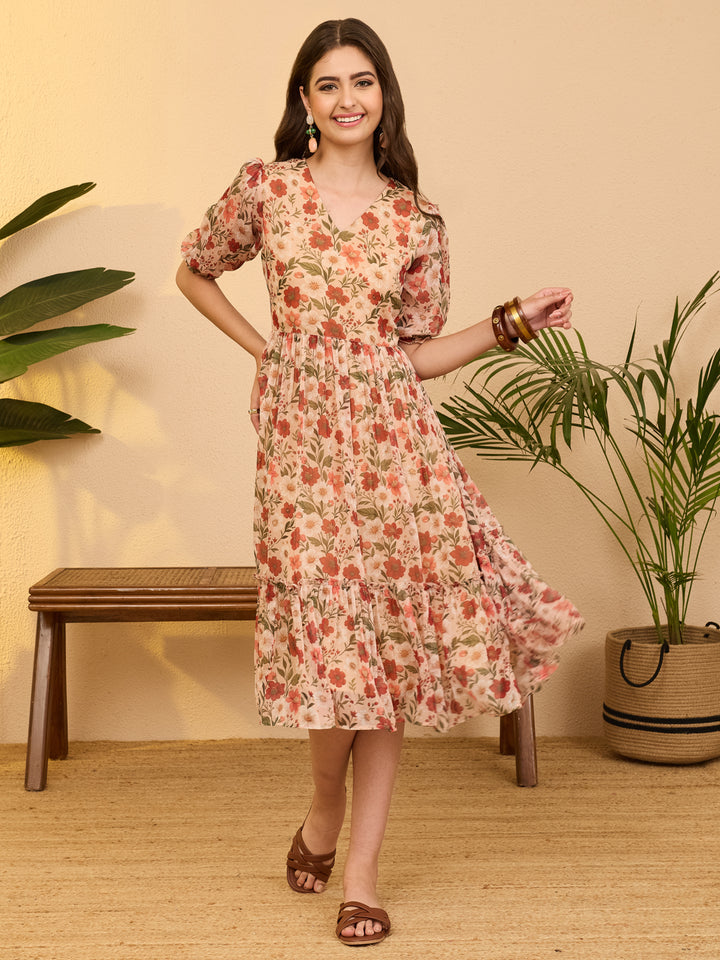 Beige Floral Gathered Dress