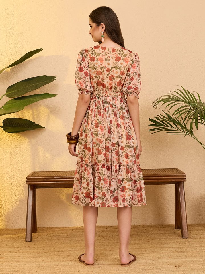 Beige Floral Gathered Dress