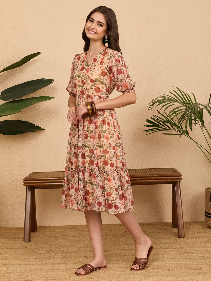Beige Floral Gathered Dress