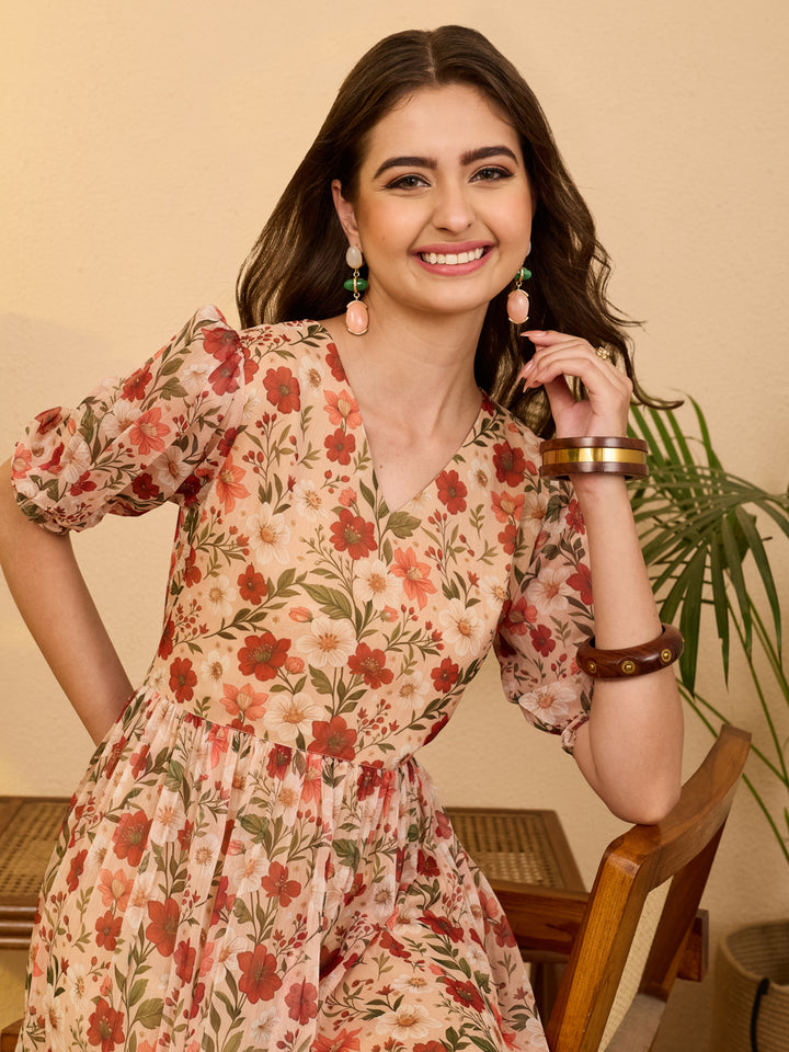 Beige Floral Gathered Dress