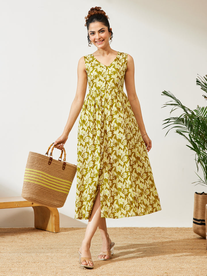 Olive Floral A-Line Dress