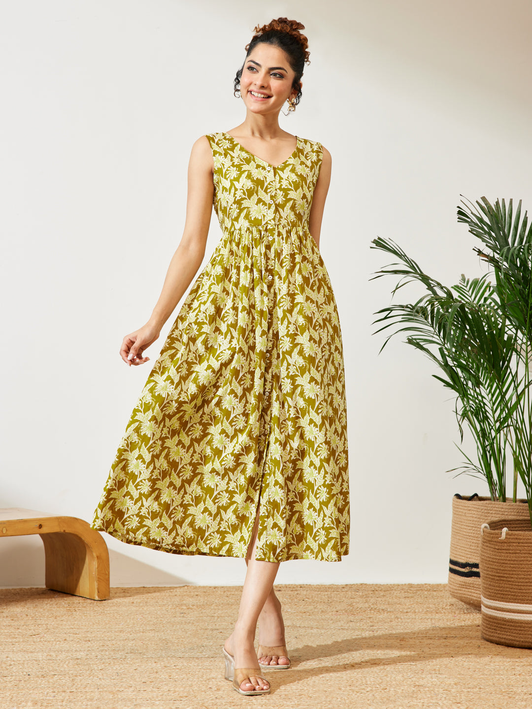 Olive Floral A-Line Dress