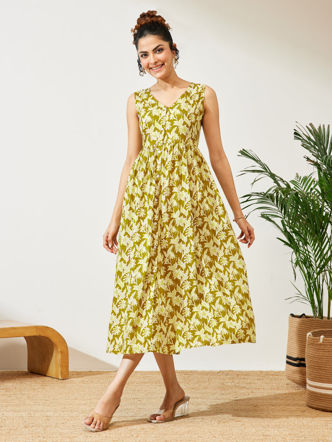 Olive Floral A-Line Dress