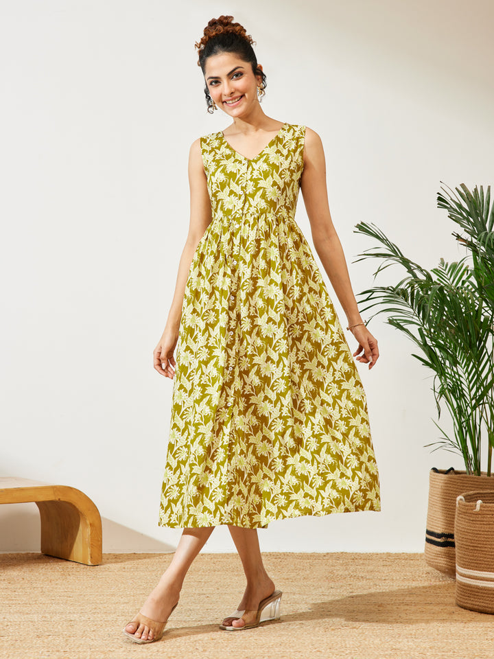 Olive Floral A-Line Dress