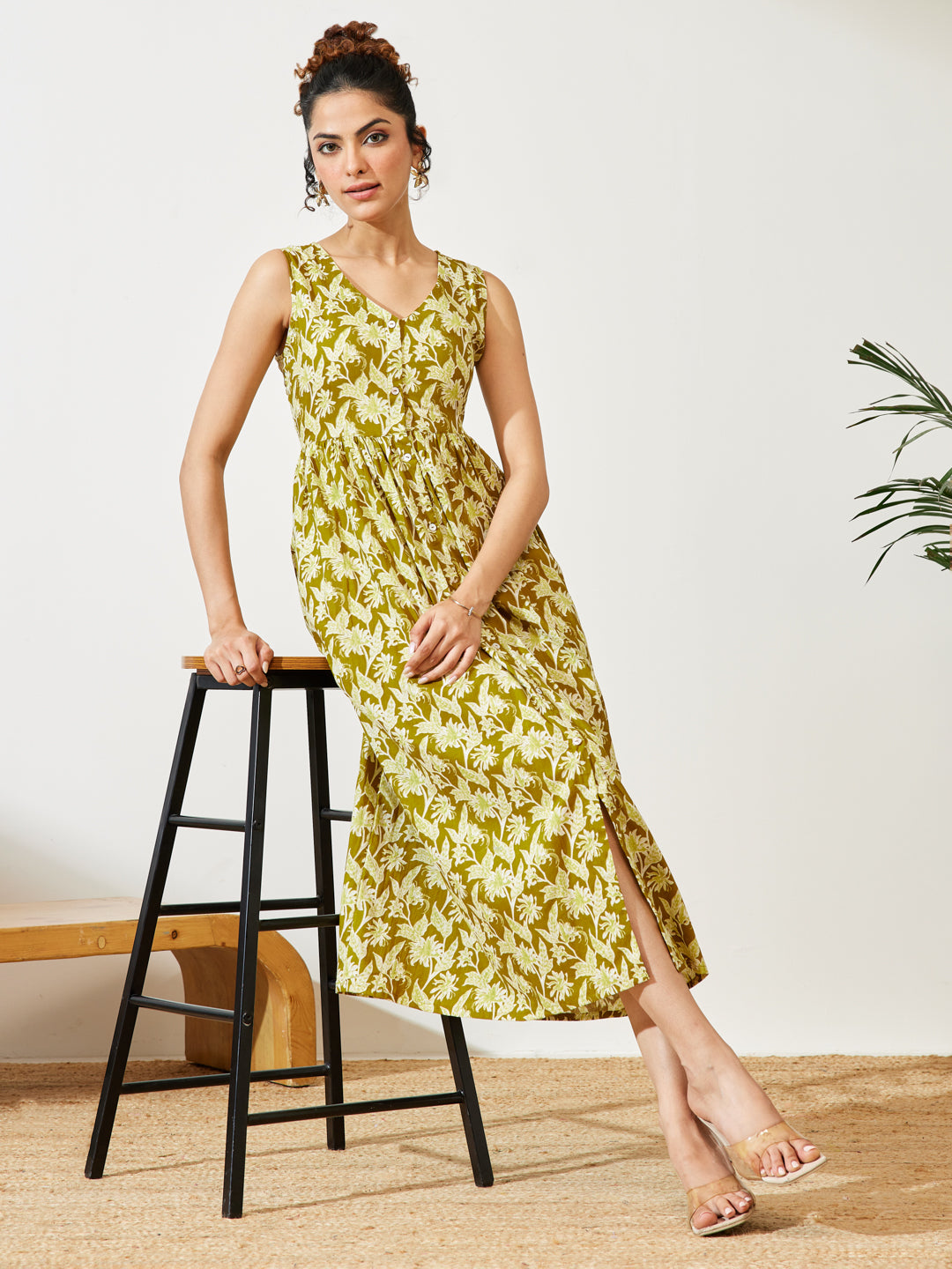 Olive Floral A-Line Dress