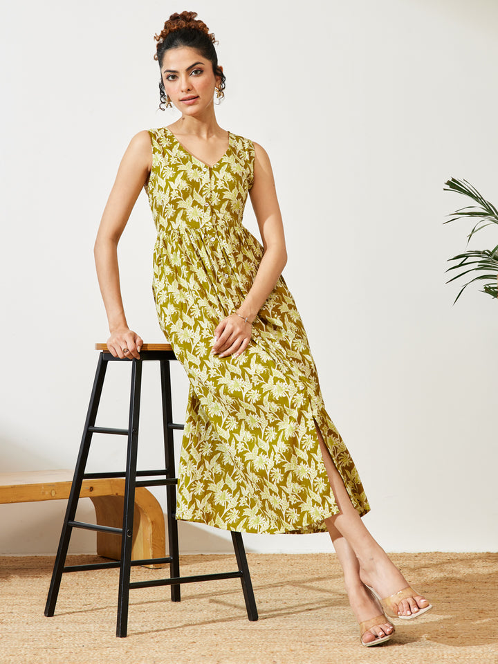 Olive Floral A-Line Dress
