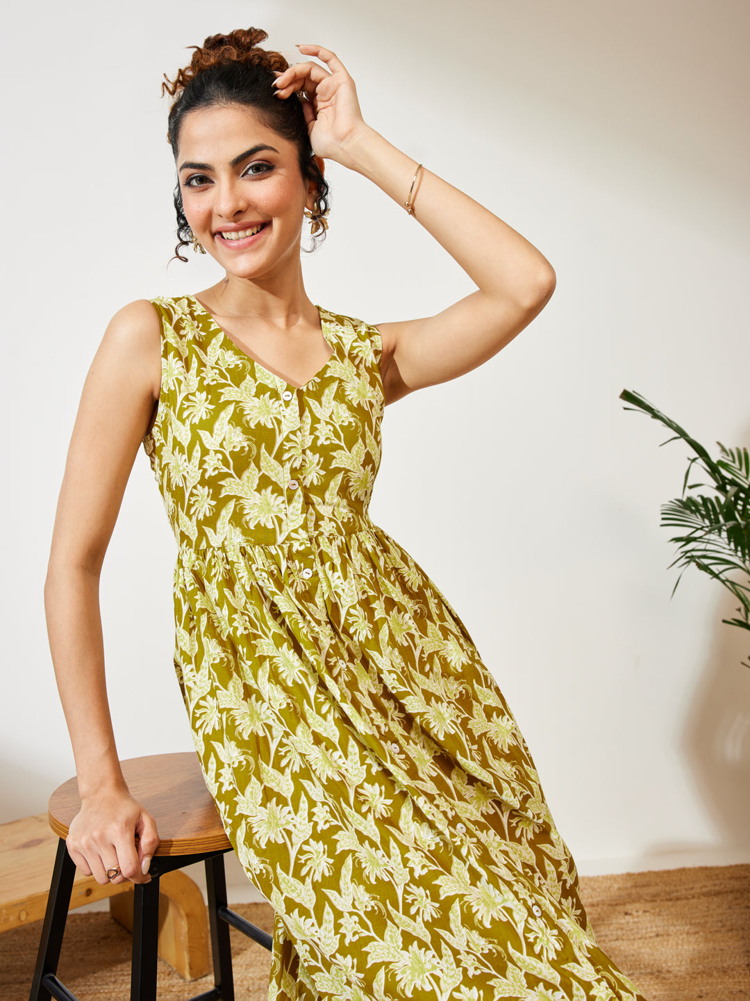Olive Floral A-Line Dress