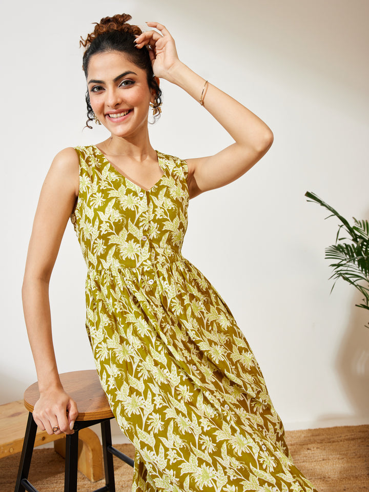 Olive Floral A-Line Dress